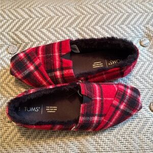 TOMS Red Plaid Slip-On Shoes